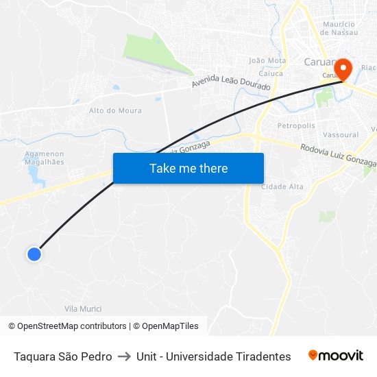 Taquara São Pedro to Unit - Universidade Tiradentes map