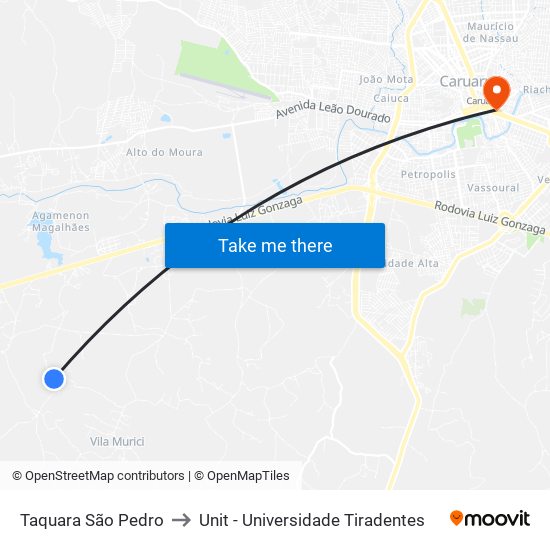 Taquara São Pedro to Unit - Universidade Tiradentes map