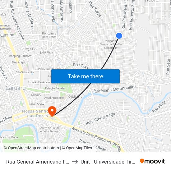 Rua General Americano Freire, 45 to Unit - Universidade Tiradentes map