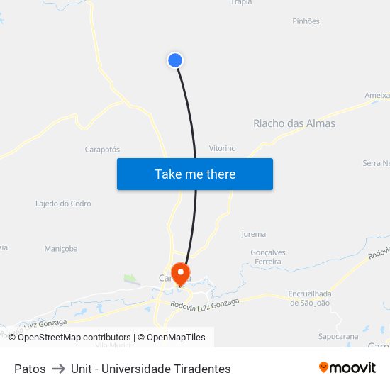 Patos to Unit - Universidade Tiradentes map