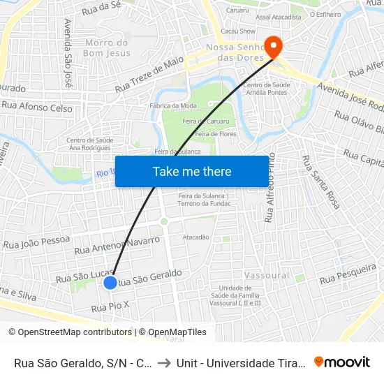 Rua São Geraldo, S/N - Caruaru to Unit - Universidade Tiradentes map