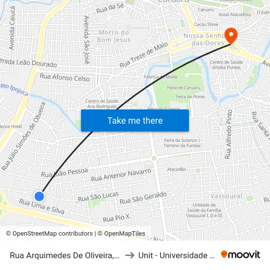 Rua Arquimedes De Oliveira, S/N - Caruaru to Unit - Universidade Tiradentes map