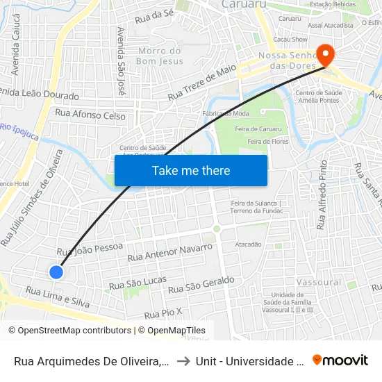 Rua Arquimedes De Oliveira, S/N - Caruaru to Unit - Universidade Tiradentes map