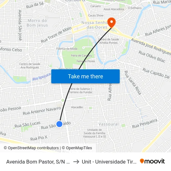 Avenida Bom Pastor, S/N - Caruaru to Unit - Universidade Tiradentes map