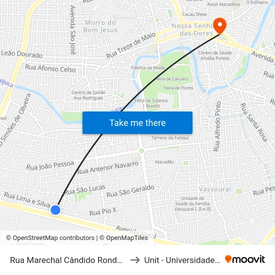 Rua Marechal Cândido Rondon, 280 - Caruaru to Unit - Universidade Tiradentes map