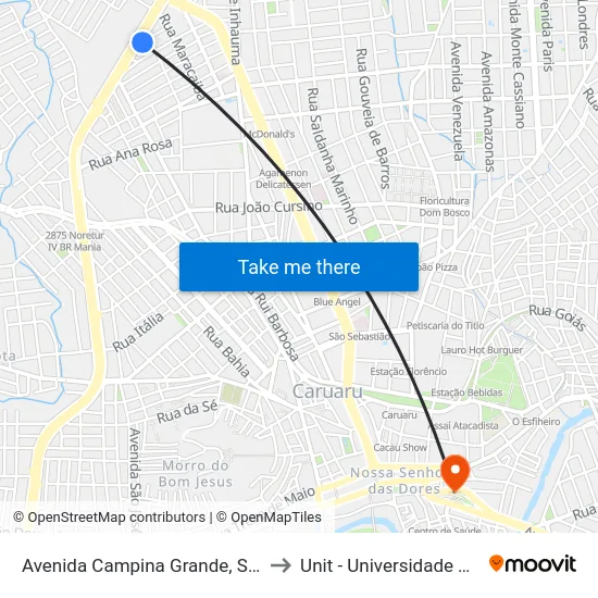 Avenida Campina Grande, S/N - Caruaru to Unit - Universidade Tiradentes map