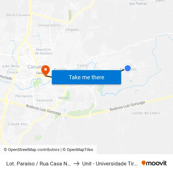 Lot. Paraíso / Rua Casa Nova, 500 to Unit - Universidade Tiradentes map