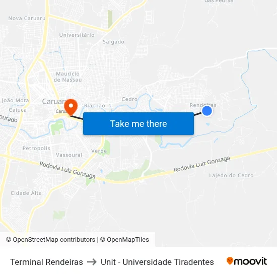 Terminal Rendeiras to Unit - Universidade Tiradentes map