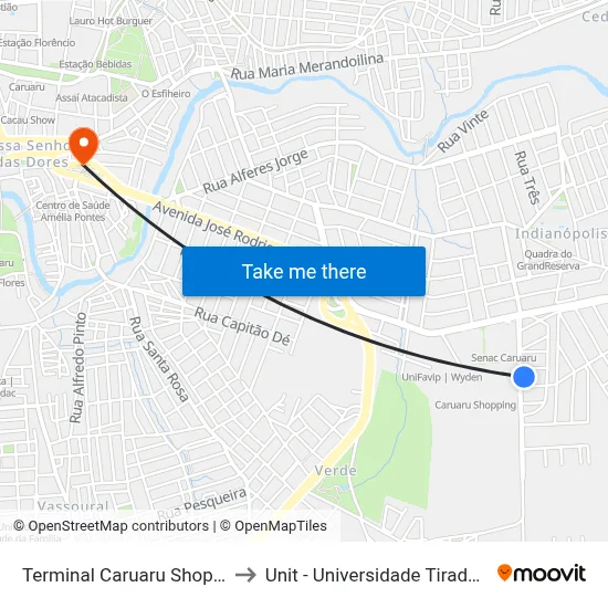 Terminal Caruaru Shopping to Unit - Universidade Tiradentes map