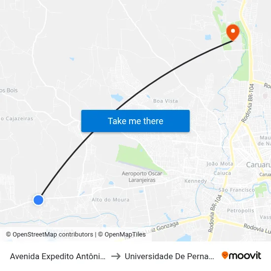 Avenida Expedito Antônio Da Silva 33 to Universidade De Pernambuco - UPE map