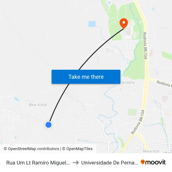 Rua Um Lt Ramiro Miguel De Sousa 100 to Universidade De Pernambuco - UPE map