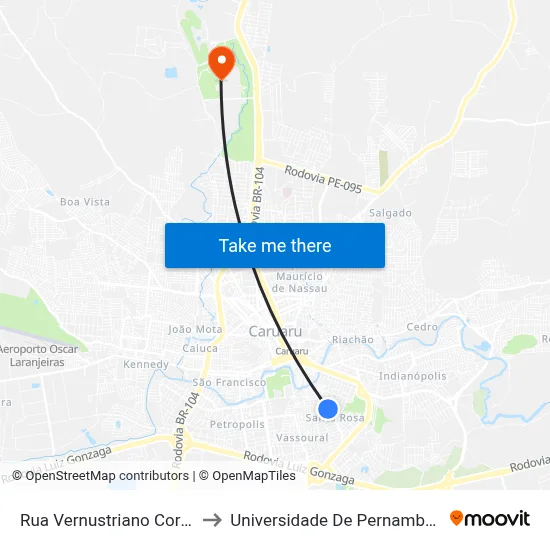 Rua Vernustriano Correia 475 to Universidade De Pernambuco - UPE map