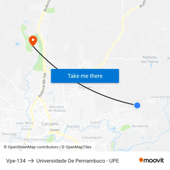 Vpe-134 to Universidade De Pernambuco - UPE map