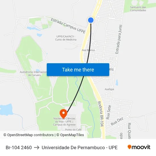 Br-104 2460 to Universidade De Pernambuco - UPE map