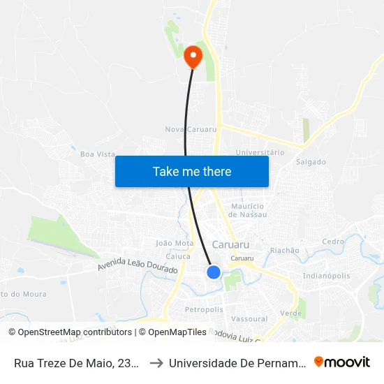 Rua Treze De Maio, 230 - Caruaru to Universidade De Pernambuco - UPE map