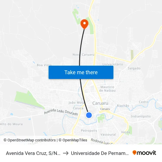 Avenida Vera Cruz, S/N - Caruaru to Universidade De Pernambuco - UPE map