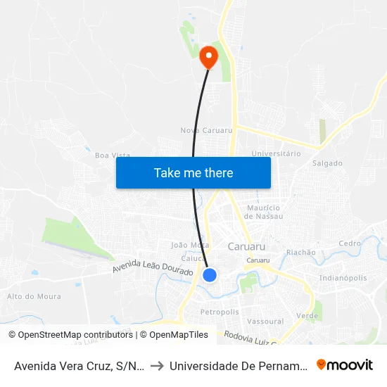 Avenida Vera Cruz, S/N - Caruaru to Universidade De Pernambuco - UPE map