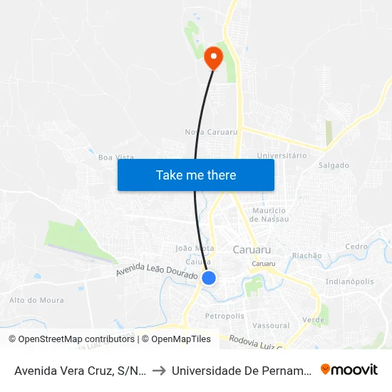 Avenida Vera Cruz, S/N - Caruaru to Universidade De Pernambuco - UPE map