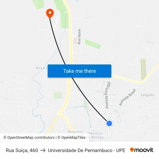 Rua Suiça, 460 to Universidade De Pernambuco - UPE map