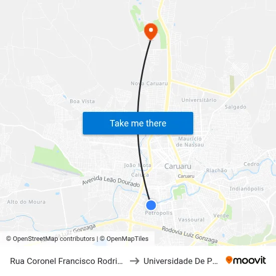 Rua Coronel Francisco Rodrigues Pôrto, 65 - Caruaru to Universidade De Pernambuco - UPE map