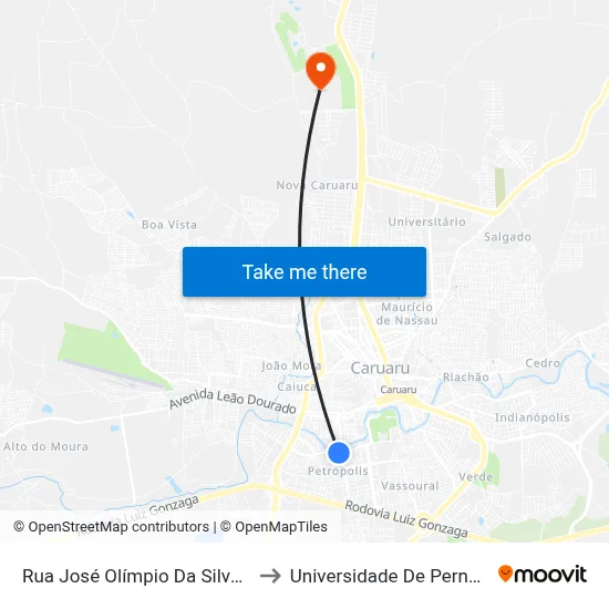 Rua José Olímpio Da Silva, S/N - Caruaru to Universidade De Pernambuco - UPE map