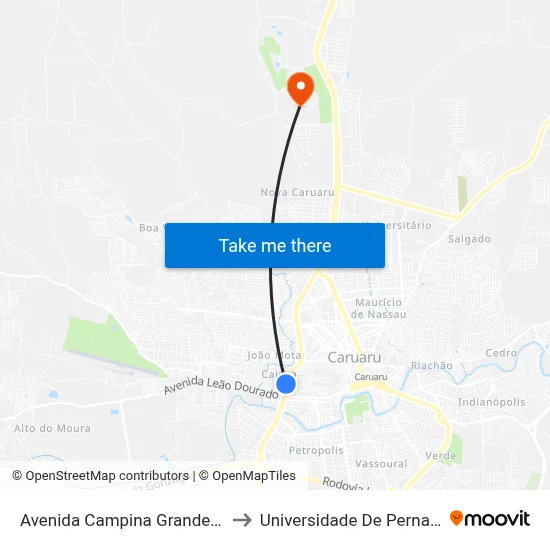 Avenida Campina Grande, S/N - Caruaru to Universidade De Pernambuco - UPE map