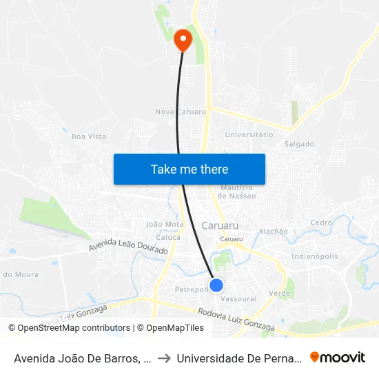 Avenida João De Barros, S/N - Caruaru to Universidade De Pernambuco - UPE map