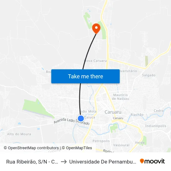 Rua Ribeirão, S/N - Caruaru to Universidade De Pernambuco - UPE map