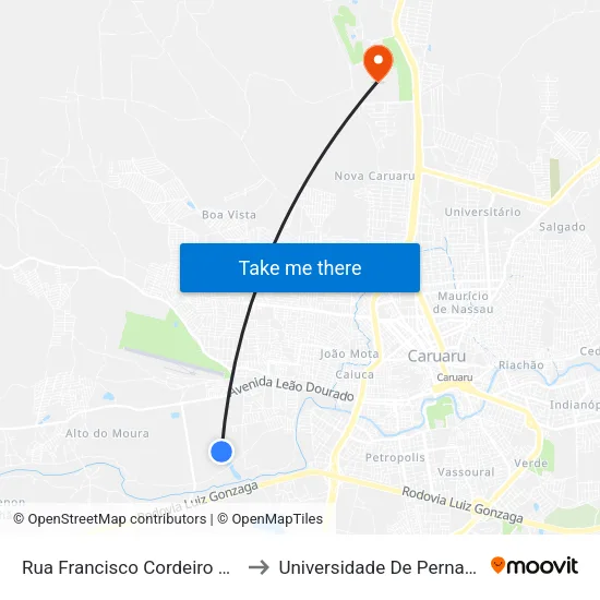 Rua Francisco Cordeiro De Souza, 345 to Universidade De Pernambuco - UPE map