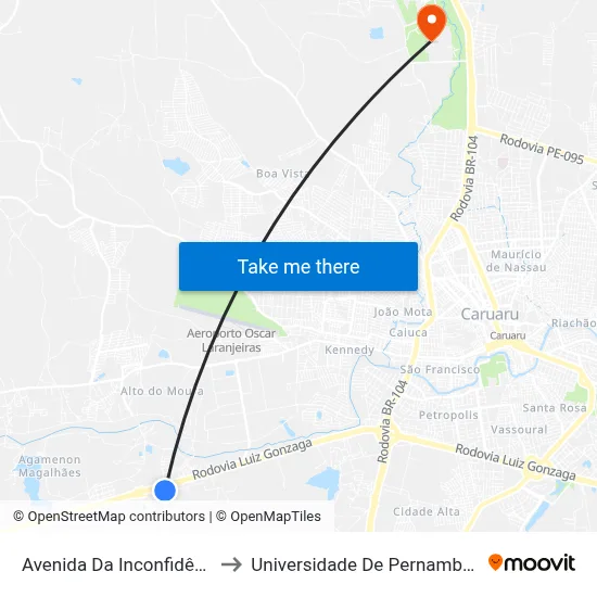 Avenida Da Inconfidência 350 to Universidade De Pernambuco - UPE map