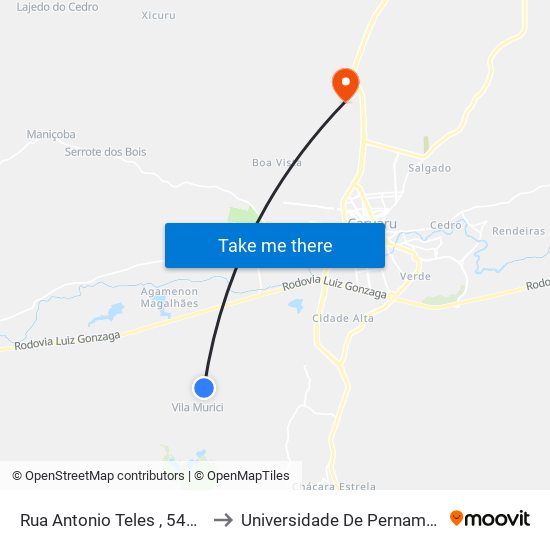 Rua Antonio Teles , 547 - Caruaru to Universidade De Pernambuco - UPE map