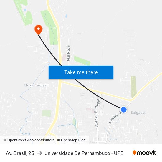 Av. Brasil, 25 to Universidade De Pernambuco - UPE map