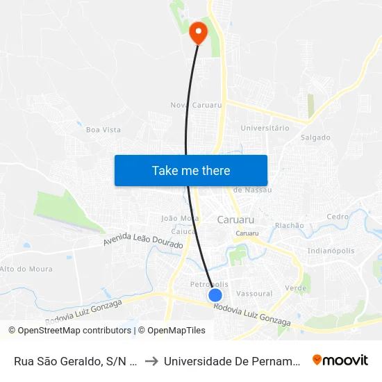 Rua São Geraldo, S/N - Caruaru to Universidade De Pernambuco - UPE map