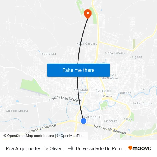 Rua Arquimedes De Oliveira, S/N - Caruaru to Universidade De Pernambuco - UPE map