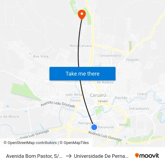 Avenida Bom Pastor, S/N - Caruaru to Universidade De Pernambuco - UPE map