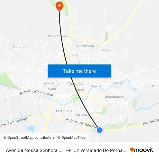 Avenida Nossa Senhora Aparecida 90 to Universidade De Pernambuco - UPE map