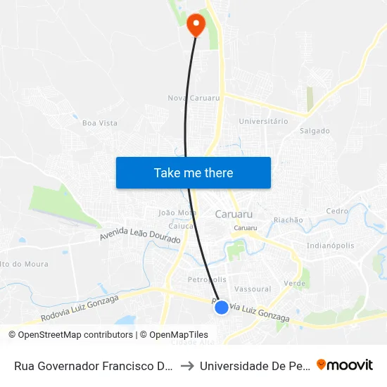 Rua Governador Francisco De Moura Cavalcante 87 to Universidade De Pernambuco - UPE map