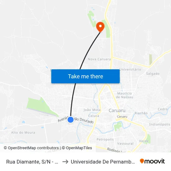 Rua Diamante, S/N - Caruaru to Universidade De Pernambuco - UPE map