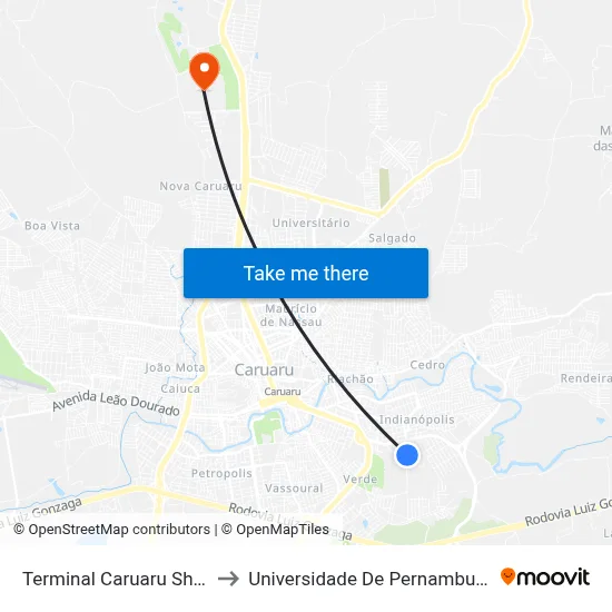 Terminal Caruaru Shopping to Universidade De Pernambuco - UPE map