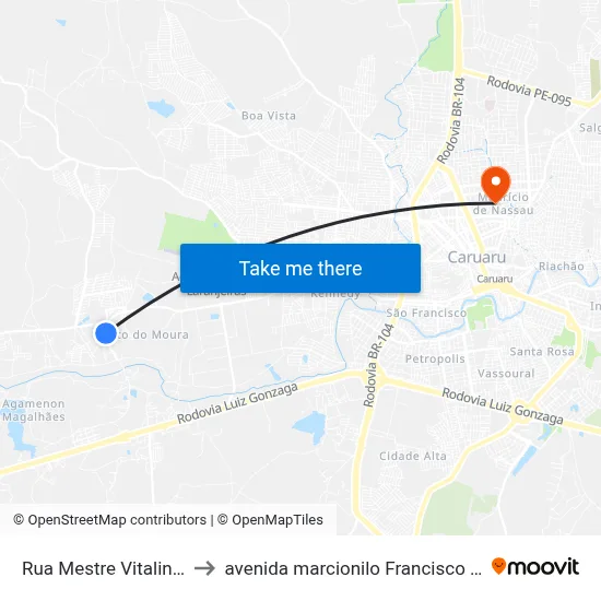 Rua Mestre Vitalino 321 to avenida marcionilo Francisco da Silva map