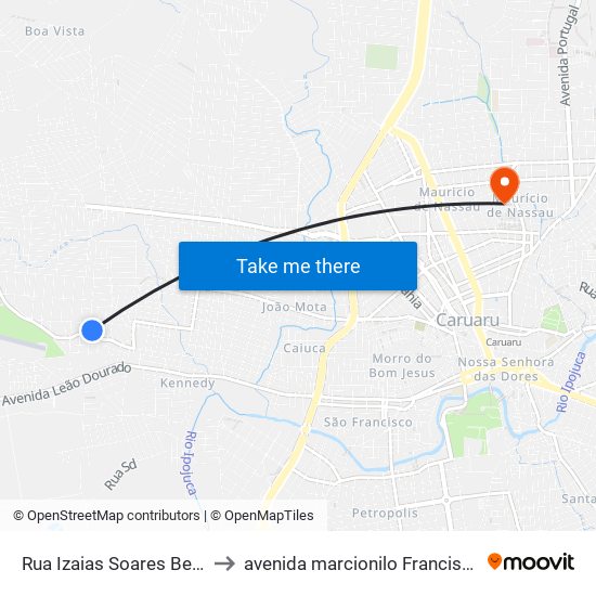 Rua Izaias Soares Bezerra, 40 to avenida marcionilo Francisco da Silva map