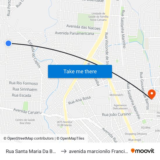 Rua Santa Maria Da Boa Vista, 96 to avenida marcionilo Francisco da Silva map