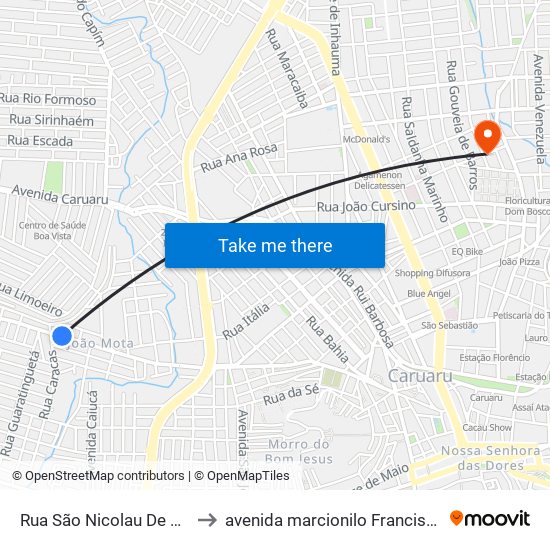 Rua São Nicolau De Mira, 366 to avenida marcionilo Francisco da Silva map