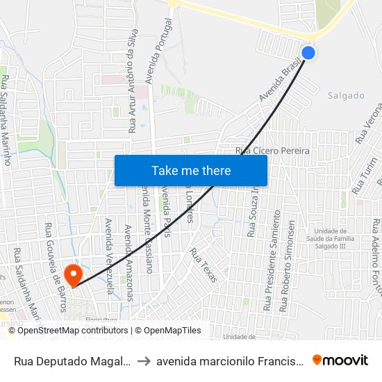 Rua Deputado Magalhaes, 91 to avenida marcionilo Francisco da Silva map