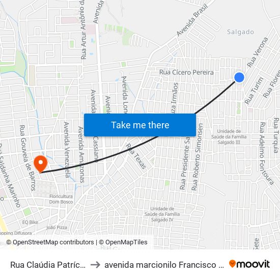 Rua Claúdia Patrício, 76 to avenida marcionilo Francisco da Silva map