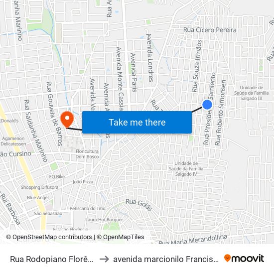 Rua Rodopiano Florêncio, 132 to avenida marcionilo Francisco da Silva map