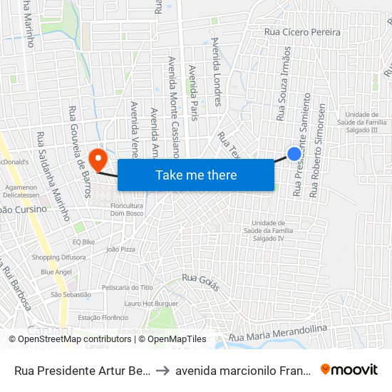 Rua Presidente Artur Bernardes, 448 to avenida marcionilo Francisco da Silva map