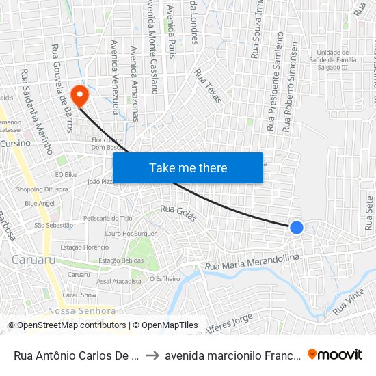 Rua Antônio Carlos De Morais, 453 to avenida marcionilo Francisco da Silva map