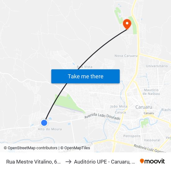 Rua Mestre Vitalino, 610 to Auditório UPE - Caruaru, PE map