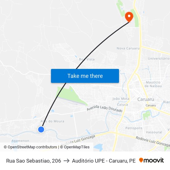 Rua Sao Sebastiao, 206 to Auditório UPE - Caruaru, PE map